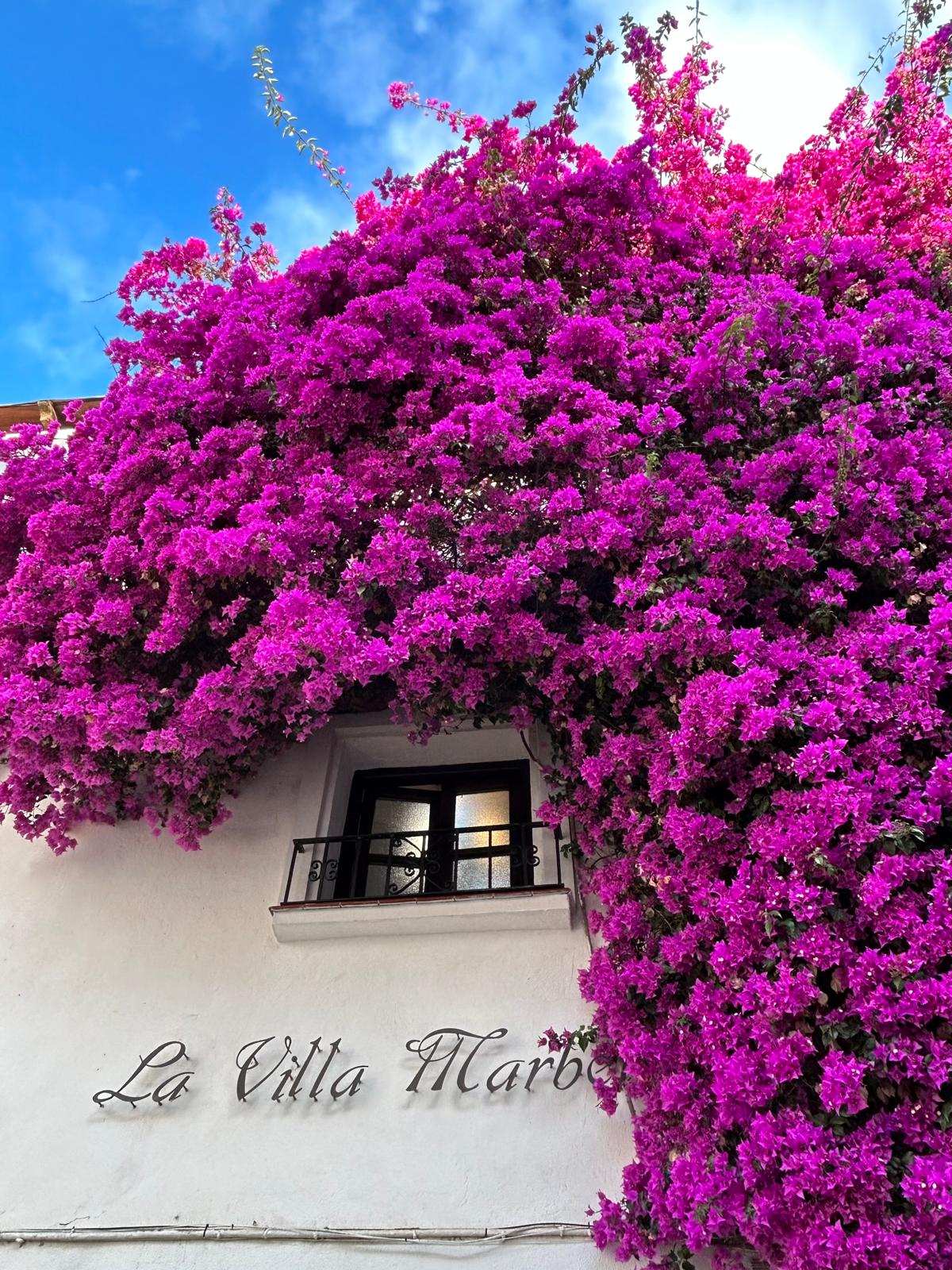 Whitewashed Andalusian façade of La Villa Marbella with cascading bougainvillea and the hand-painted house name